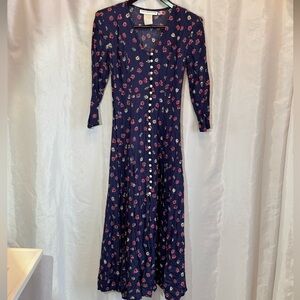 Vintage Paris Sport Club Navy Floral Button‑Front Midi Dress Size 3 -Made in USA